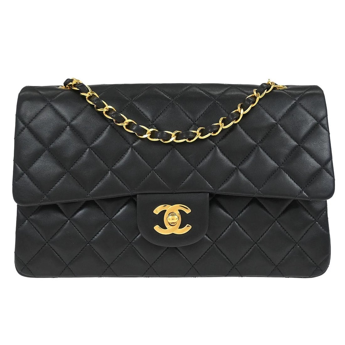 CHANEL BLACK LAMBSKIN MEDIUM CLASSIC DOUBLE FLAP SHOULDER BAG: Chanel Black Lambskin Medium Classic Double Flap Shoulder Bag Brand: CHANEL Type/Style: Shoulder Bag Material: Lambskin Leather Color: Black Size: W 9.8 x H 6.3 x D 2.8 " Strap Drop.(Single) 16.5
