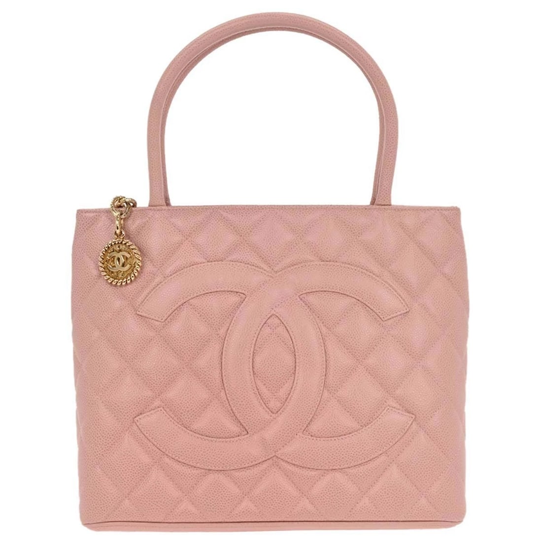 CHANEL PINK CALFSKIN MEDALLION TOTE HANDBAG: Chanel Pink Calfskin Medallion Tote Handbag Brand: CHANEL Type/Style: Tote Material: Caviar Skin Leather Color: Pink Size: W 11.8 x H 9.4 x D 5.9 " Handle Drop. 6.7 " Accessories: None Acc
