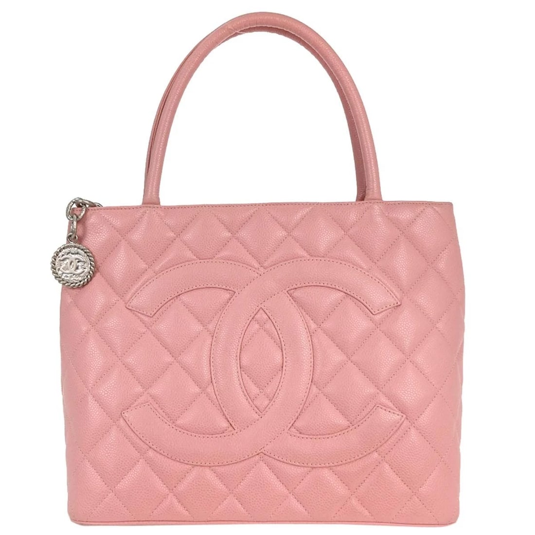 CHANEL PINK CALFSKIN MEDALLION TOTE HANDBAG: Chanel Pink Calfskin Medallion Tote Handbag Brand: CHANEL Type/Style: Tote Material: Caviar Skin Leather Color: Pink Size: W 11.8 x H 9.4 x D 5.9 " Handle Drop. 6.7 " Accessories: None Acc