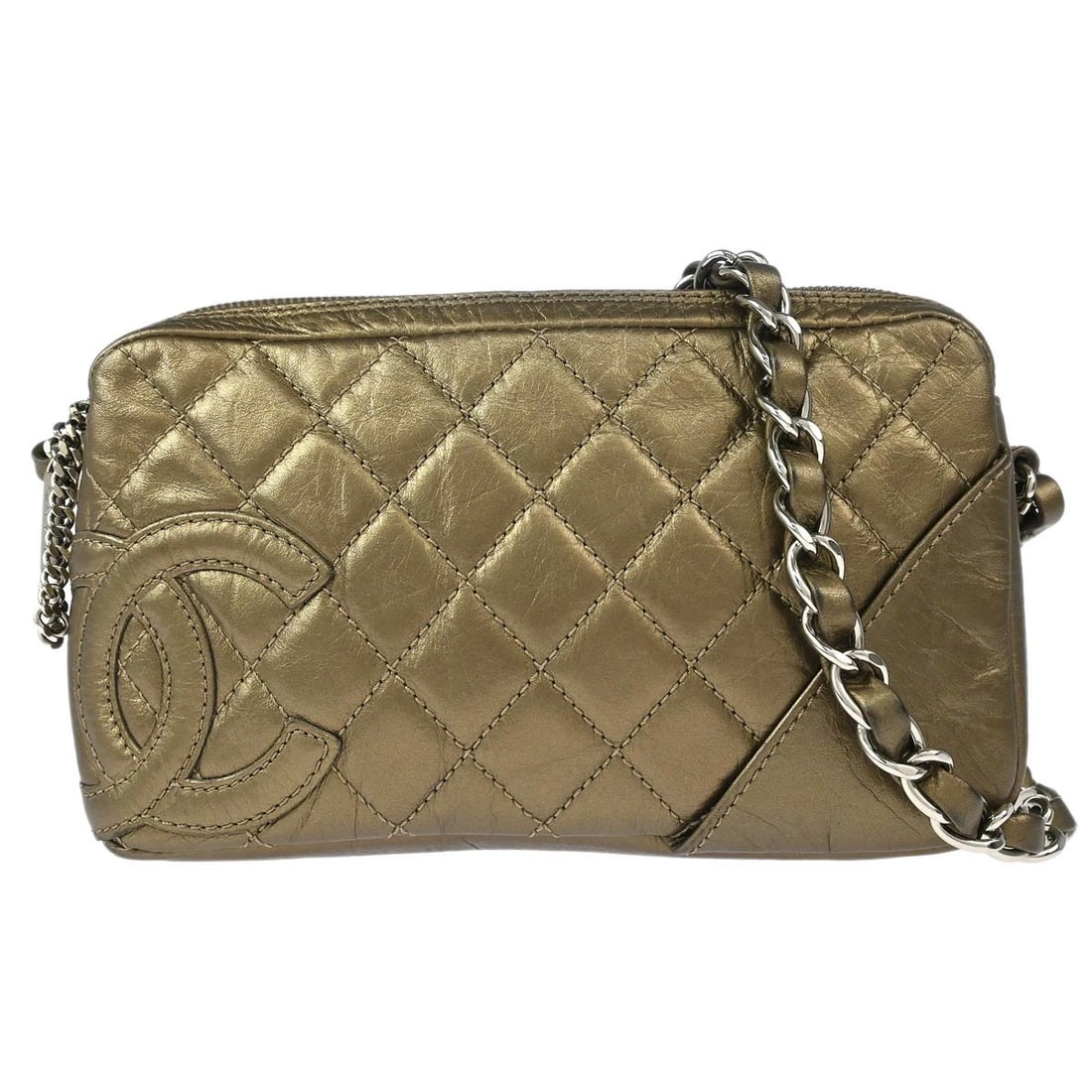 CHANEL METALLIC BRONZE CALFSKIN CAMBON LIGNE HANDBAG: Chanel Metallic Bronze Calfskin Cambon Ligne Handbag Brand: CHANEL Type/Style: Top Handle Bag Material: Calfskin Leather Color: Metallic Bronze Size: W 7.9 x H 4.7 x D 1.6 " Handle Drop. 8.3 "