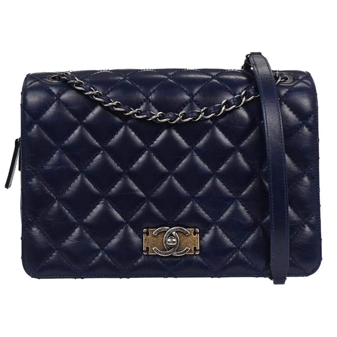 CHANEL NAVY CALFSKIN DAY TRIP FLAP BAG: Chanel Navy Calfskin Day Trip Flap Bag Brand: CHANEL Type/Style: Shoulder Bag Material: Calfskin Color: Navy Size: W 10.6 x H 7.5 x D 3.1 " Strap Drop.(Single) 21.7 " Accessories: None