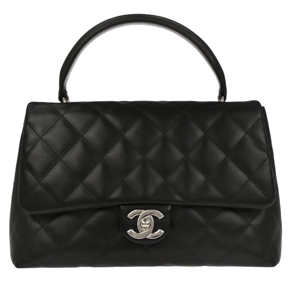 CHANEL BLACK LAMBSKIN TOP HANDLE HANDBAG: Chanel Black Lambskin Top Handle Handbag Brand: CHANEL Type/Style: Top Handle Bag Material: Lambskin Color: Black Size: W 10.2 x H 6.7 x D 3.9 " Handle Drop. 3.5 " Accessories: None