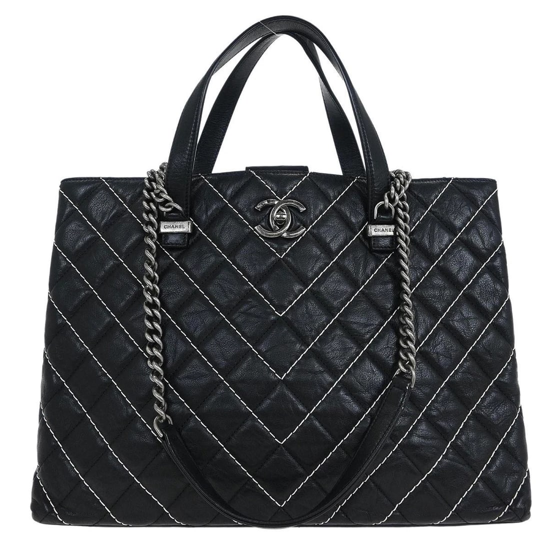 CHANEL BLACK CALFSKIN CHEVRON TOTE 2WAY SHOULDER HANDBAG: Chanel Black Calfskin Chevron Tote 2way Shoulder Handbag Brand: CHANEL Type/Style: Top Handle Bag Material: Calfskin Color: Black Size: W 14.6 x H 10.2 x D 5.5 " Handle Drop. 4.7 " 