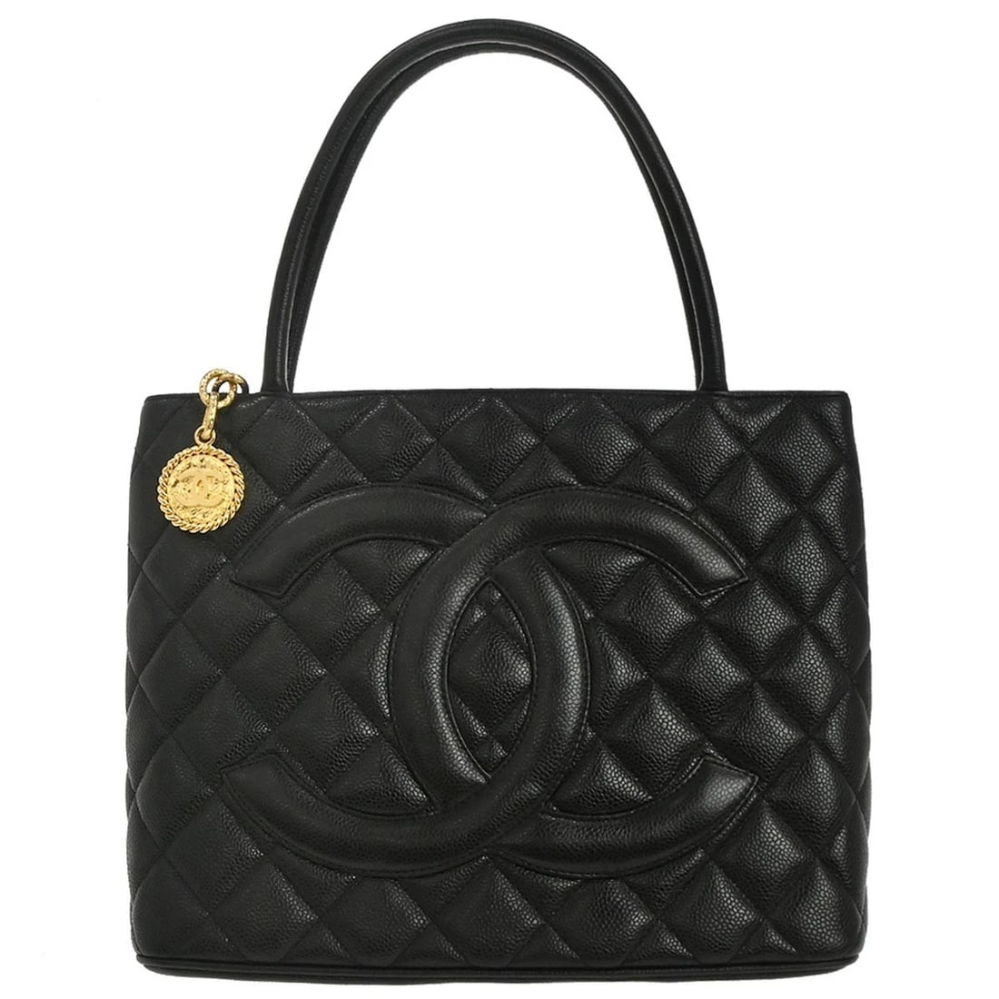 CHANEL BLACK CALFSKIN MEDALLION TOTE HANDBAG: Chanel Black Calfskin Medallion Tote Handbag Brand: CHANEL Type/Style: Tote Material: Caviar Skin Leather Color: Black Size: W 11.8 x H 9.4 x D 5.9 " Handle Drop. 6.7 " Accessories: None A