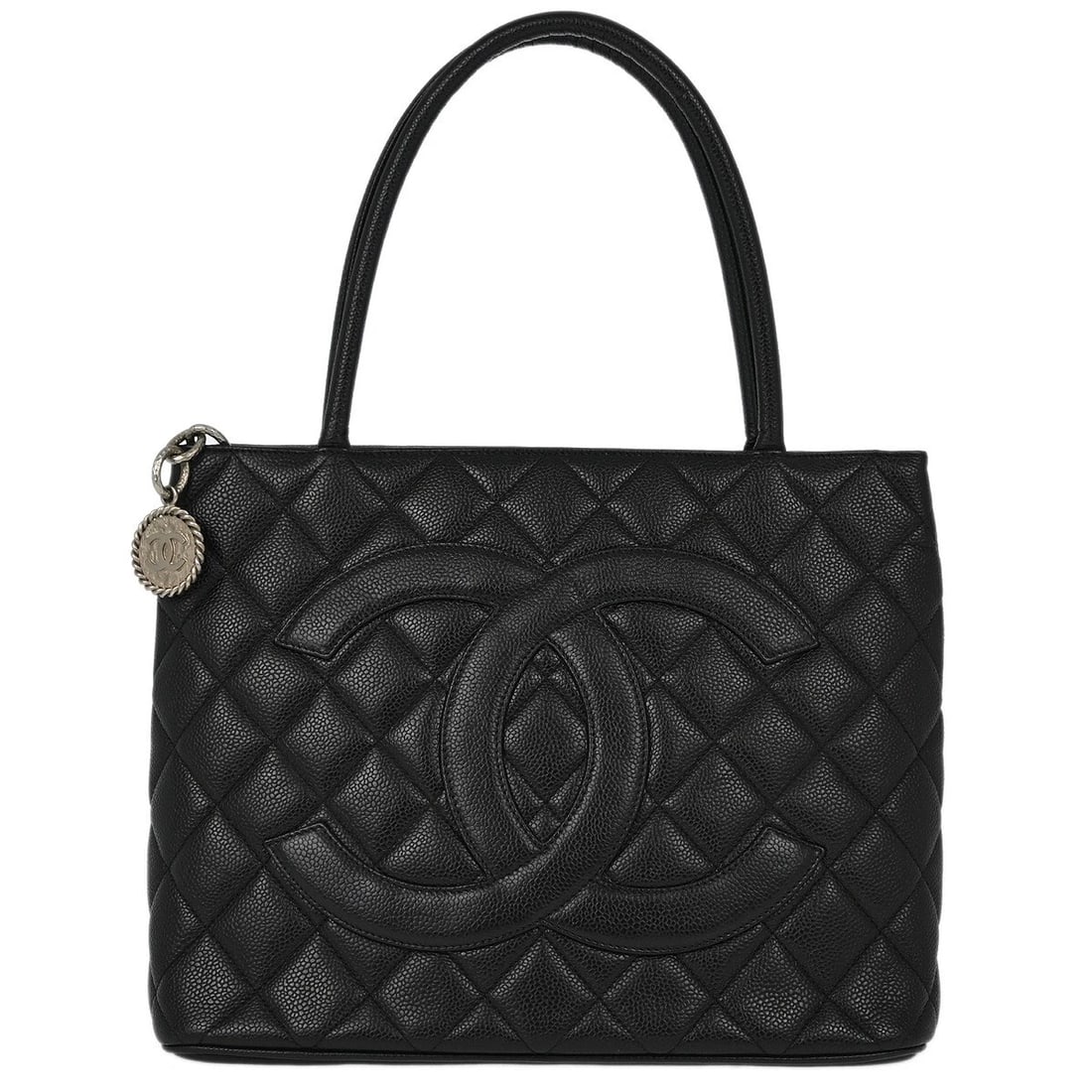 CHANEL BLACK CALFSKIN MEDALLION TOTE HANDBAG: Chanel Black Calfskin Medallion Tote Handbag Brand: CHANEL Type/Style: Tote Material: Caviar Skin Leather Color: Black Size: W 11.8 x H 9.4 x D 5.9 " Handle Drop. 6.7 " Accessories: None A