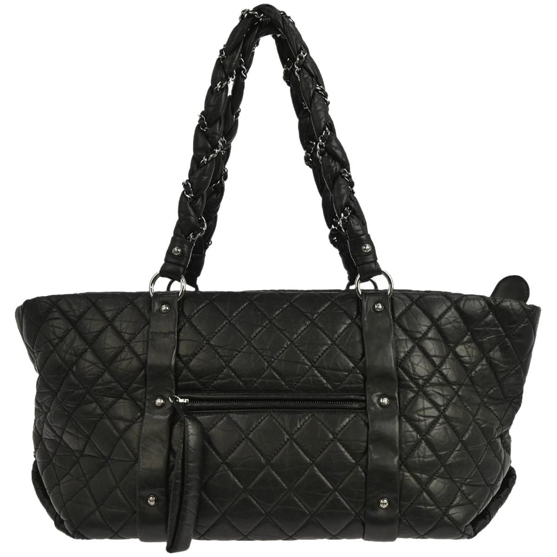 CHANEL BLACK CALFSKIN LADY BRAID TOTE HANDBAG: Chanel Black Calfskin Lady Braid Tote Handbag Brand: CHANEL Type/Style: Top Handle Bag Material: Calfskin Leather Color: Black Size: W 19.7 x H 7.9 x D 8.7 " Handle Drop. 11.8 " Accessories: