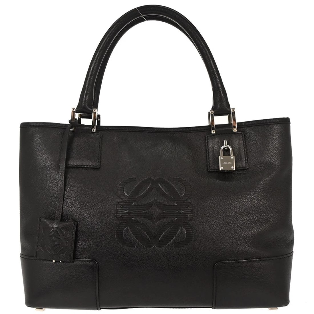 LOEWE BLACK LEATHER FUSTA TOTE HANDBAG: Loewe Black Leather Fusta Tote Handbag Brand: Loewe Type/Style: Tote Material: Leather Color: Black Size: W 11.4 x H 8.7 x D 4.7 " Handle Drop. 4.7 " Accessories: None Accessories Notice: