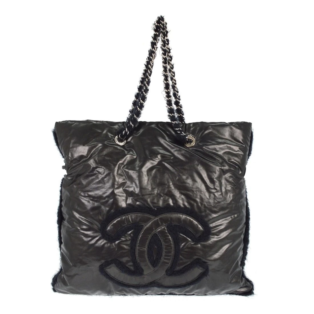 CHANEL BLACK PVC FUR POLAR BON BON TOTE BAG: Chanel Black PVC Fur Polar Bon Bon Tote Bag Brand: CHANEL Type/Style: Tote Material: PVC, Nylon fur Color: Black Size: W 18.1 x H 16.1 x D 0.4 " Handle Drop. 7.9 " Accessories: None