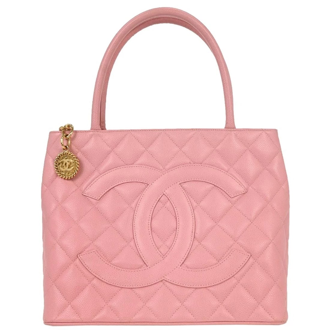 CHANEL PINK CALFSKIN MEDALLION TOTE HANDBAG: Chanel Pink Calfskin Medallion Tote Handbag Brand: CHANEL Type/Style: Tote Material: Caviar Skin Leather Color: Pink Size: W 11.8 x H 9.4 x D 5.9 " Handle Drop. 6.7 " Accessories: None Acc