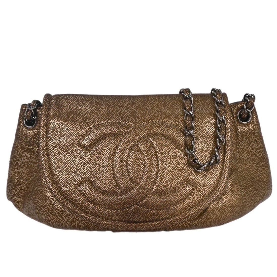CHANEL BRONZE CALFSKIN SHOULDER BAG: Chanel Bronze Calfskin Shoulder Bag Brand: CHANEL Type/Style: Shoulder Bag Material: Caviar Skin Leather Color: Bronze Size: W 14.2 x H 7.5 x D 3.5 " Strap Drop.(Single) 16.1 " Accessories: None