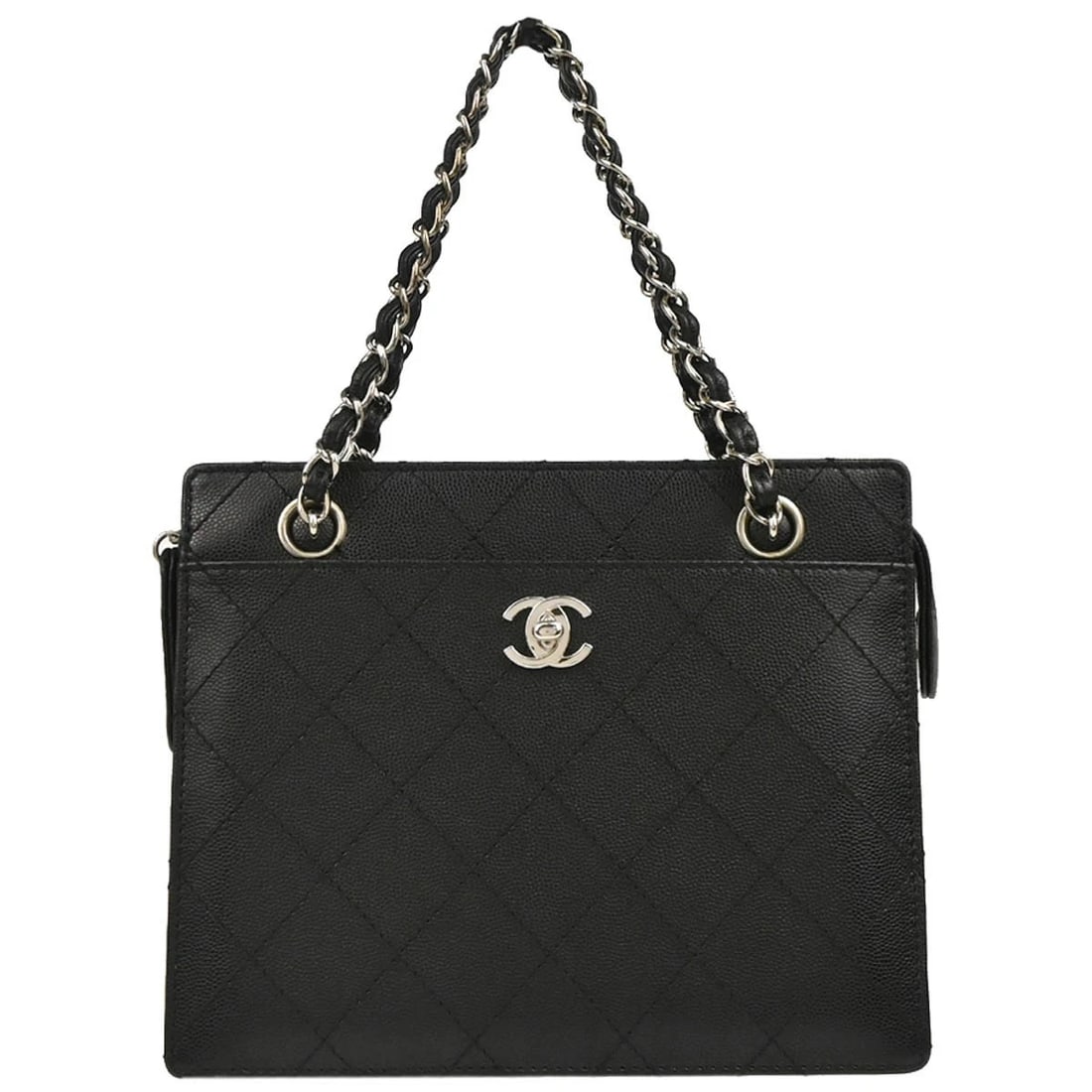 CHANEL BLACK CALFSKIN HANDBAG: Chanel Black Calfskin Handbag Brand: CHANEL Type/Style: Tote Material: Caviar Skin Leather Color: Black Size: W 7.9 x H 7.1 x D 2.4 " Shoulder Drop. 5.1 " Accessories: None Accessories Not