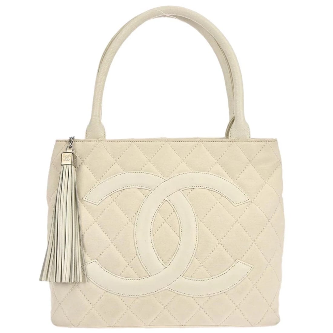 CHANEL WHITE CANVAS CALFSKIN FRINGE TOTE HANDBAG: Chanel White Canvas Calfskin Fringe Tote Handbag Brand: CHANEL Type/Style: Tote Material: Canvas, Caviar Skin Leather Color: White Size: W 11.8 x H 9.4 x D 5.9 " Handle Drop. 6.7 " Accessories: N