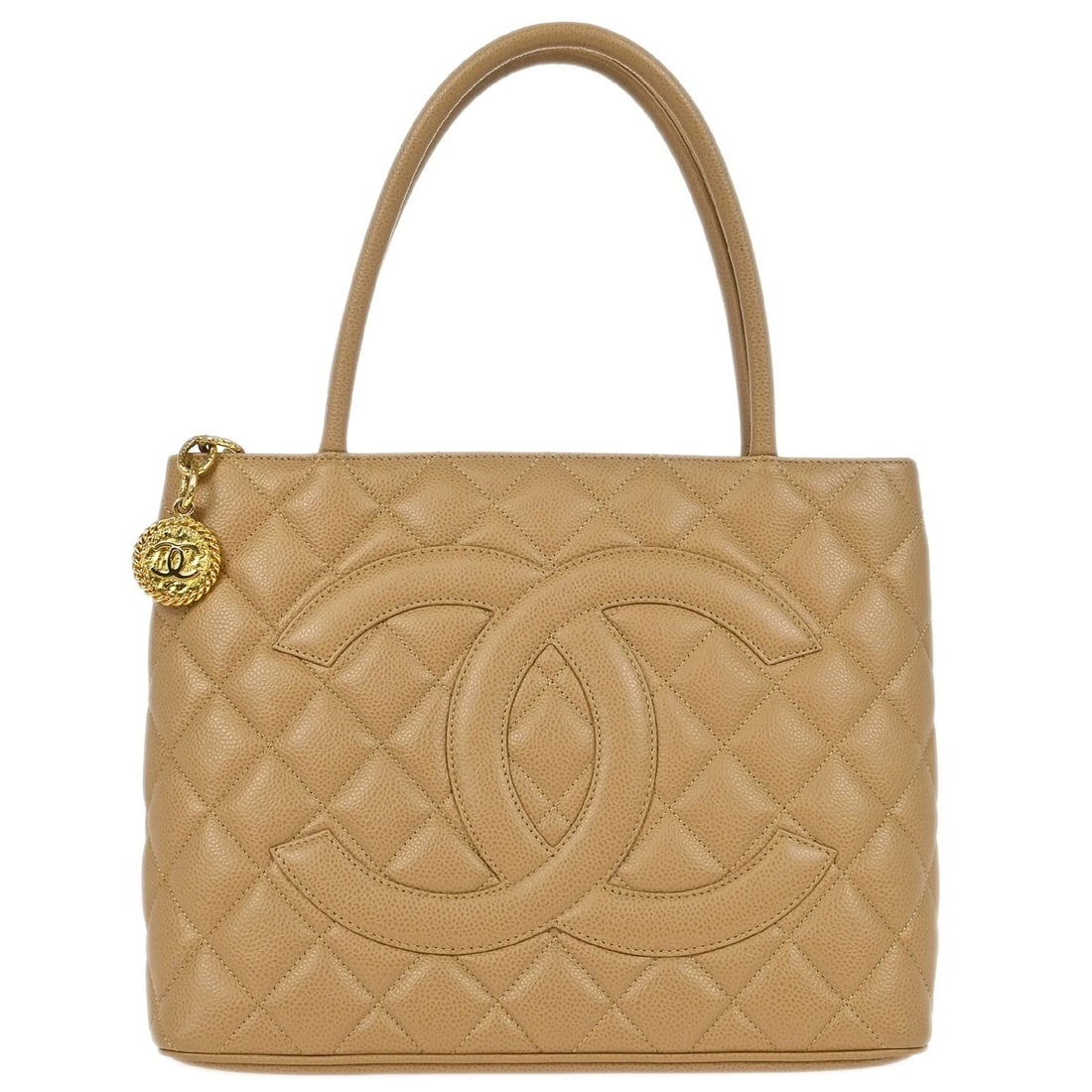 CHANEL BEIGE CALFSKIN MEDALLION TOTE HANDBAG: Chanel Beige Calfskin Medallion Tote Handbag Brand: CHANEL Type/Style: Tote Material: Caviar Skin Leather Color: Beige Size: W 11.8 x H 9.4 x D 5.9 " Handle Drop. 5.9 " Accessories: None A