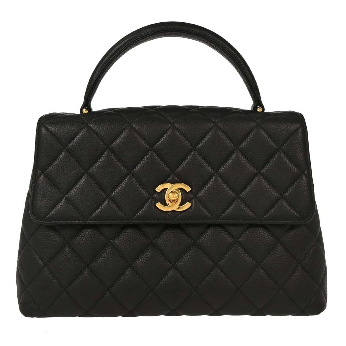 CHANEL BLACK CALFSKIN HANDBAG: Chanel Black Calfskin Handbag Brand: CHANEL Type/Style: Handbag Material: Caviar Skin Leather Color: Black Size: W 9.8 x H 6.7 x D 3.1 " Handle Drop. 2.8 " Accessories: None Accessories No