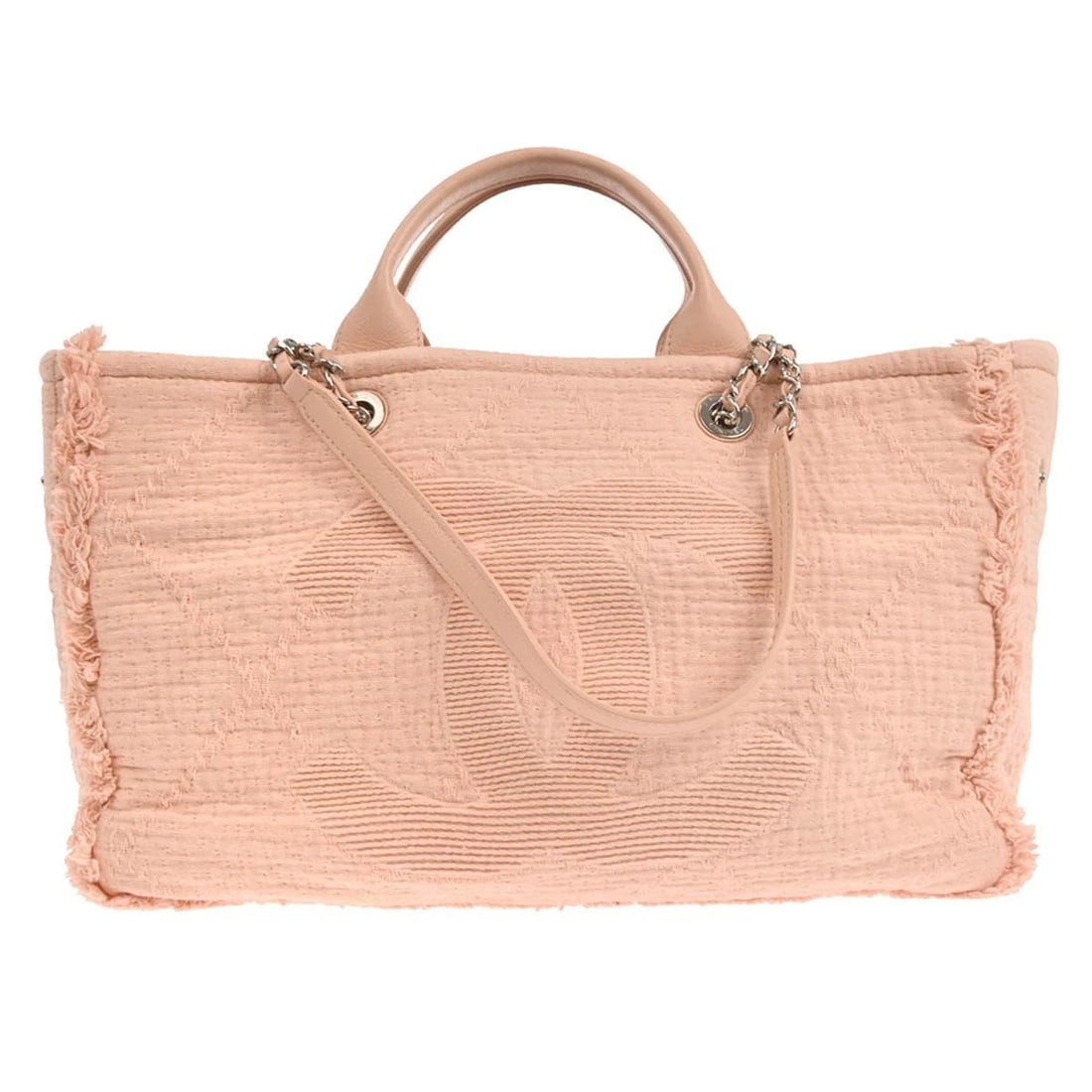 CHANEL LIGHT PINK CANVAS DEAUVILLE 2WAY TOTE BAG: Chanel Light Pink Canvas Deauville 2way Tote Bag Brand: CHANEL Type/Style: Tote Material: Canvas Color: Light Pink Size: W 14.2 x H 9.4 x D 5.9 " Handle Drop. 3.5 " Accessories: None