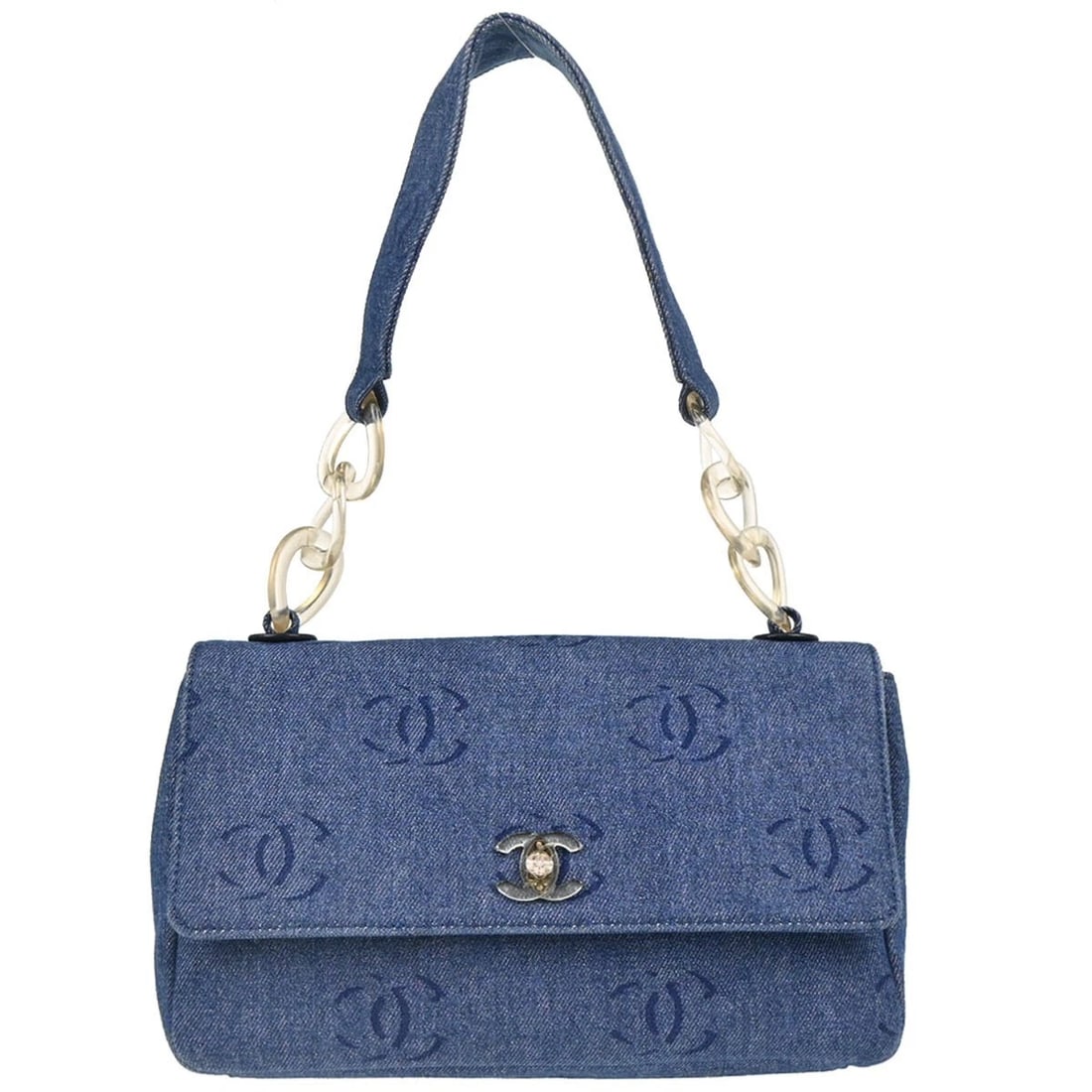 CHANEL BLUE DENIM HANDBAG: Chanel Blue Denim Handbag Brand: CHANEL Type/Style: Top Handle Bag Material: Denim Color: Blue Size: W 11.0 x H 6.3 x D 2.8 " Handle Drop. 9.4 " Accessories: None Accessories Notice: When