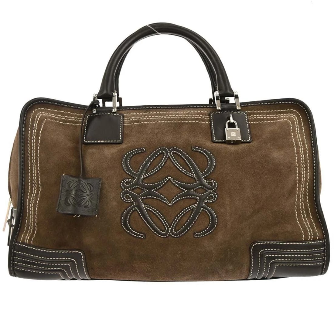 LOEWE BROWN SUEDE AMAZONA 36 HANDBAG: Loewe Brown Suede Amazona 36 Handbag Brand: Loewe Type/Style: Top Handle Bag Material: Suede, Leather Color: Brown Size: W 14.2 x H 9.1 x D 6.3 " Handle Drop. 4.3 " Accessories: None