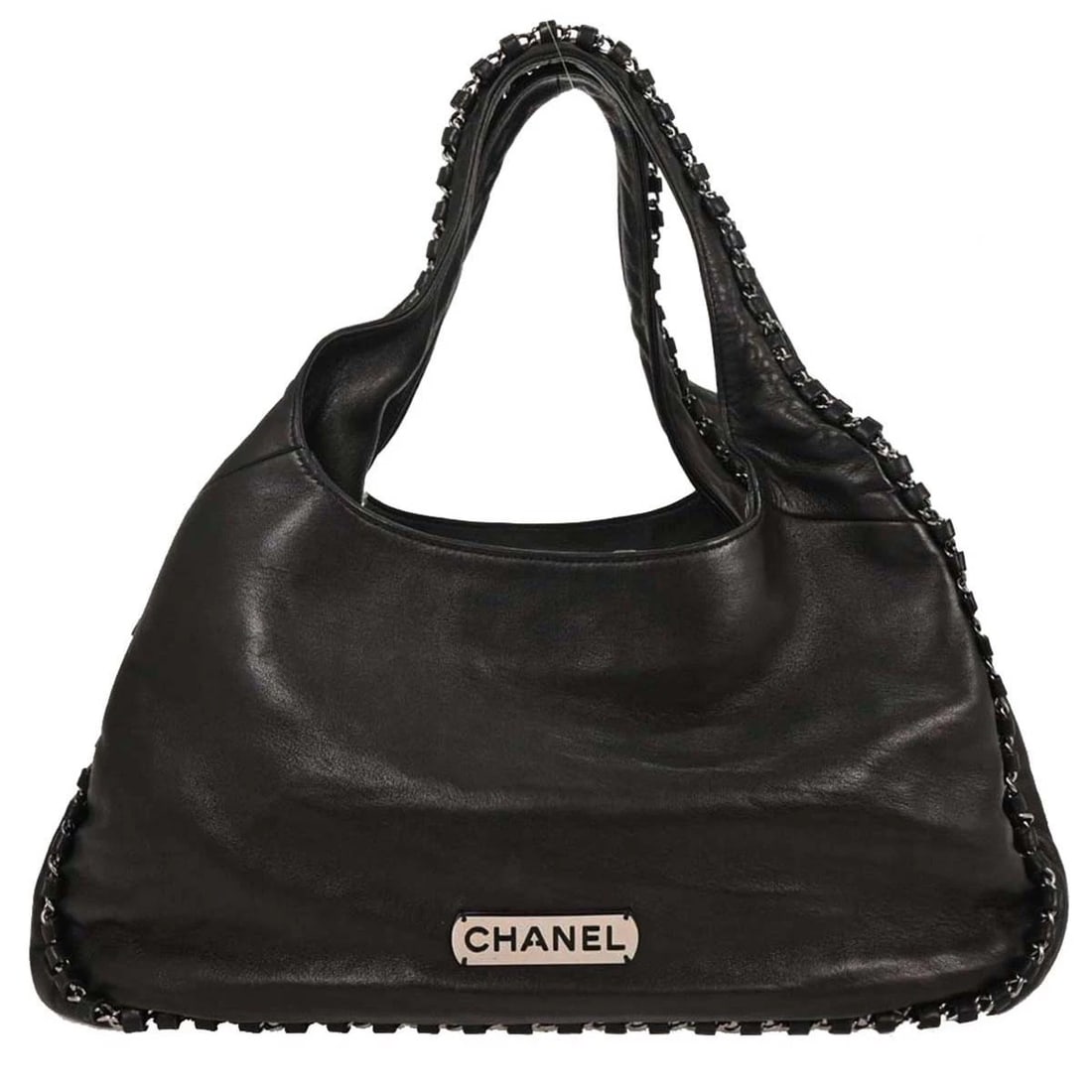 CHANEL BLACK LAMBSKIN LUXURY CHAIN AROUND HOBO BAG: Chanel Black Lambskin Luxury Chain Around Hobo Bag Brand: CHANEL Type/Style: Hobo Bag Material: Lambskin Leather Color: Black Size: W 15.0 x H 7.9 x D 6.3 " Handle Drop. 7.1 " Accessories: