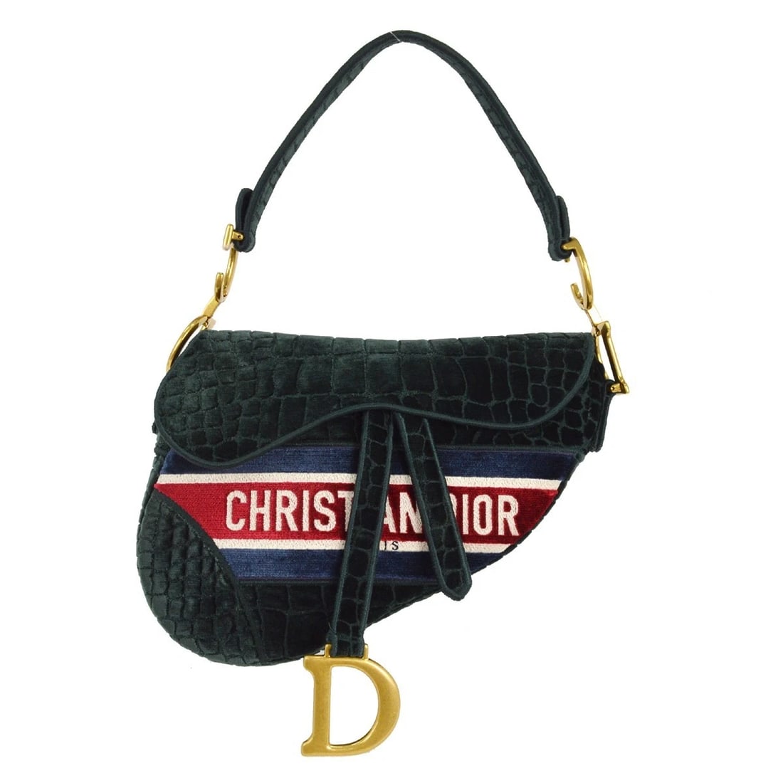 CHRISTIAN DIOR GREEN VELVET SADDLE HANDBAG: Christian Dior Green Velvet Saddle Handbag Brand: Dior Type/Style: Saddle Bag Material: Velvet Color: Green, etc. Size: W 9.4 x H 7.5 x D 3.1 " Handle Drop. 7.5 " Accessories: None