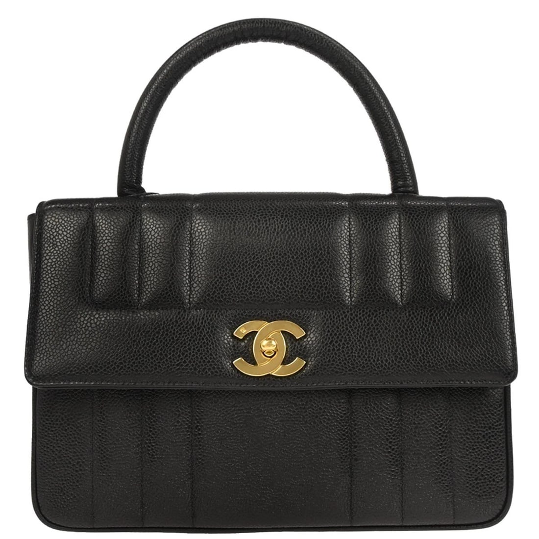 CHANEL BLACK CALFSKIN MADEMOISELLE HANDBAG: Chanel Black Calfskin Mademoiselle Handbag Brand: CHANEL Type/Style: Top Handle Bag Material: Caviar Skin Leather Color: Black Size: W 10.2 x H 7.5 x D 3.1 " Handle Drop. 3.9 " Accessories: