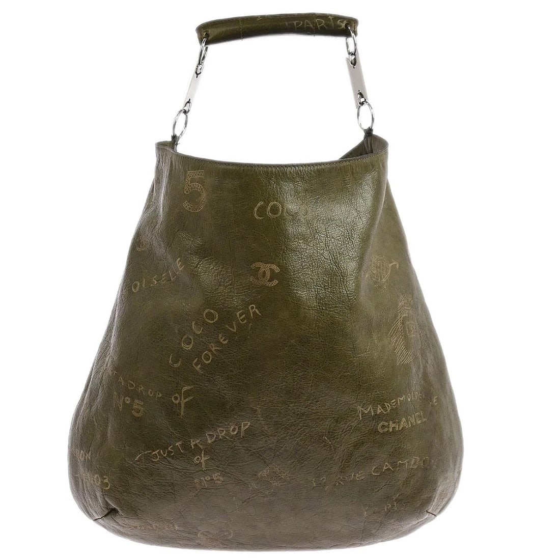 CHANEL KHAKI CALFSKIN GRAFFITI HANDBAG: Chanel Khaki Calfskin Graffiti Handbag Brand: CHANEL Type/Style: Top Handle Bag Material: Calfskin Color: Khaki Size: W 14.2 x H 14.2 x D 5.9 " Handle Drop. 3.9 " Accessories: None Accesso