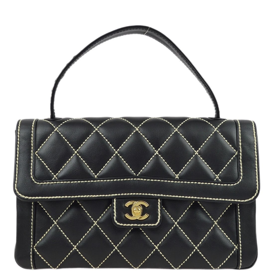 CHANEL BLACK CALFSKIN WILD STITCH TOP HANDLE HANDBAG: Chanel Black Calfskin Wild Stitch Top Handle Handbag Brand: CHANEL Type/Style: Top Handle Bag Material: Calfskin Color: Black, White Size: W 11.8 x H 7.1 x D 3.1 " Handle Drop. 4.7 " Accessories: