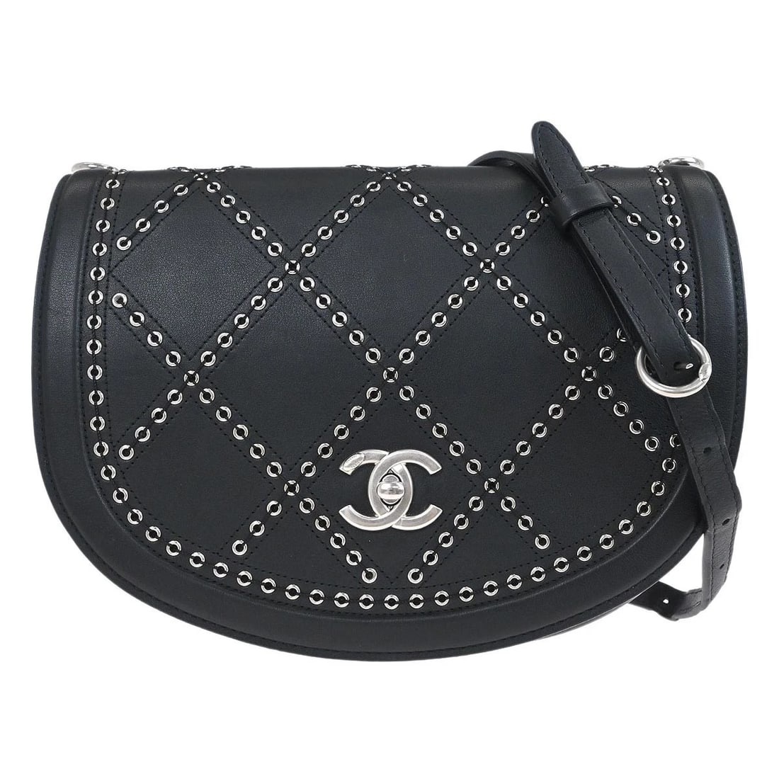 CHANEL BLACK CALFSKIN COCO EYELETS ROUND FLAP SHOULDER BAG: Chanel Black Calfskin Coco Eyelets Round Flap Shoulder Bag Brand: CHANEL Type/Style: Shoulder Bag Material: Calfskin Color: Black Size: W 7.9 x H 5.9 x D 2.8 " Strap Drop. 22.0 - 23.6 " Accessori