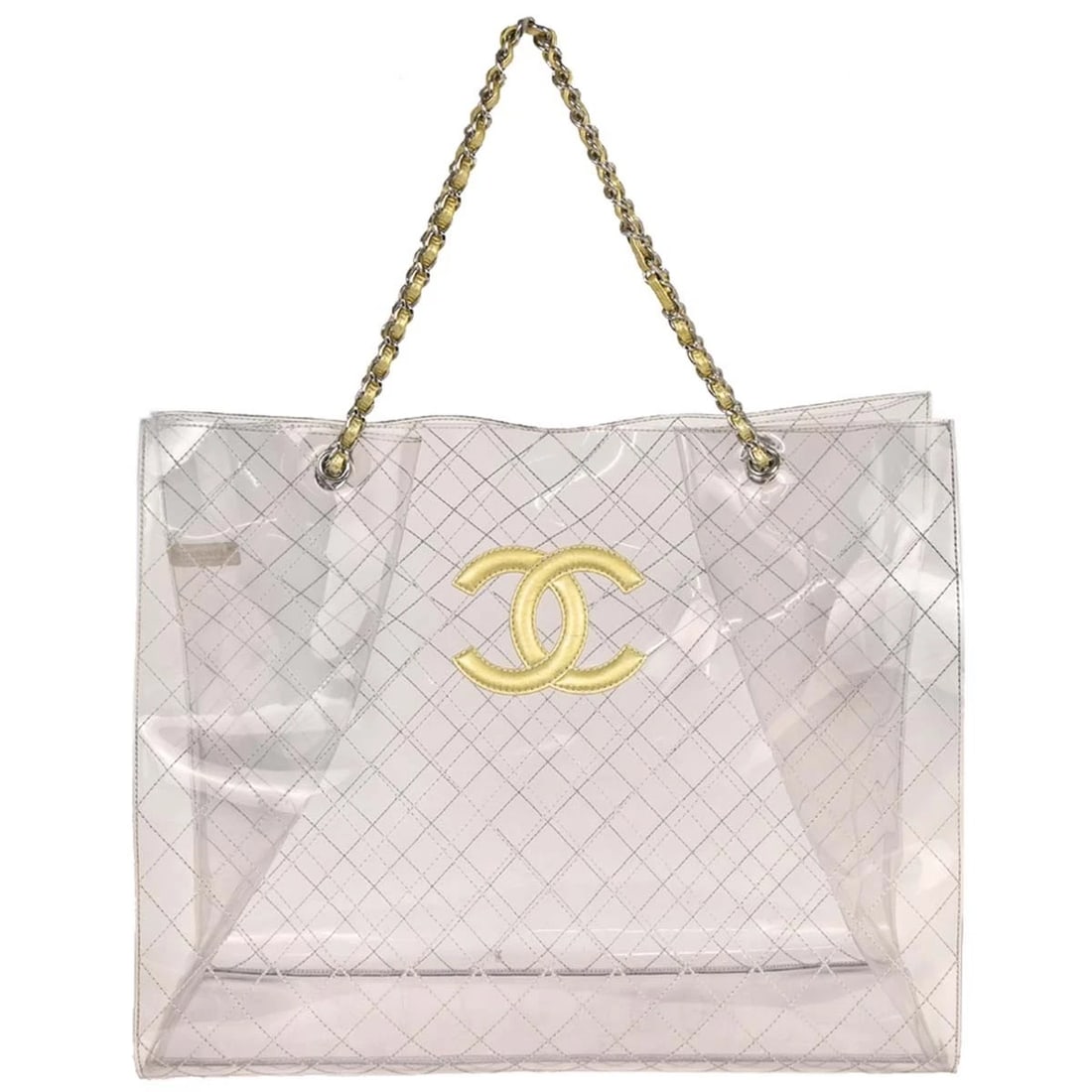 CHANEL CLEAR PVC TOTE HANDBAG: Chanel Clear PVC Tote Handbag Brand: CHANEL Type/Style: Hand Bag Material: PVC Color: Clear Size: W 20.9 x H 16.5 x D 8.3 " Handle Drop. 9.8 " Accessories: None Accessories Notice: When pu