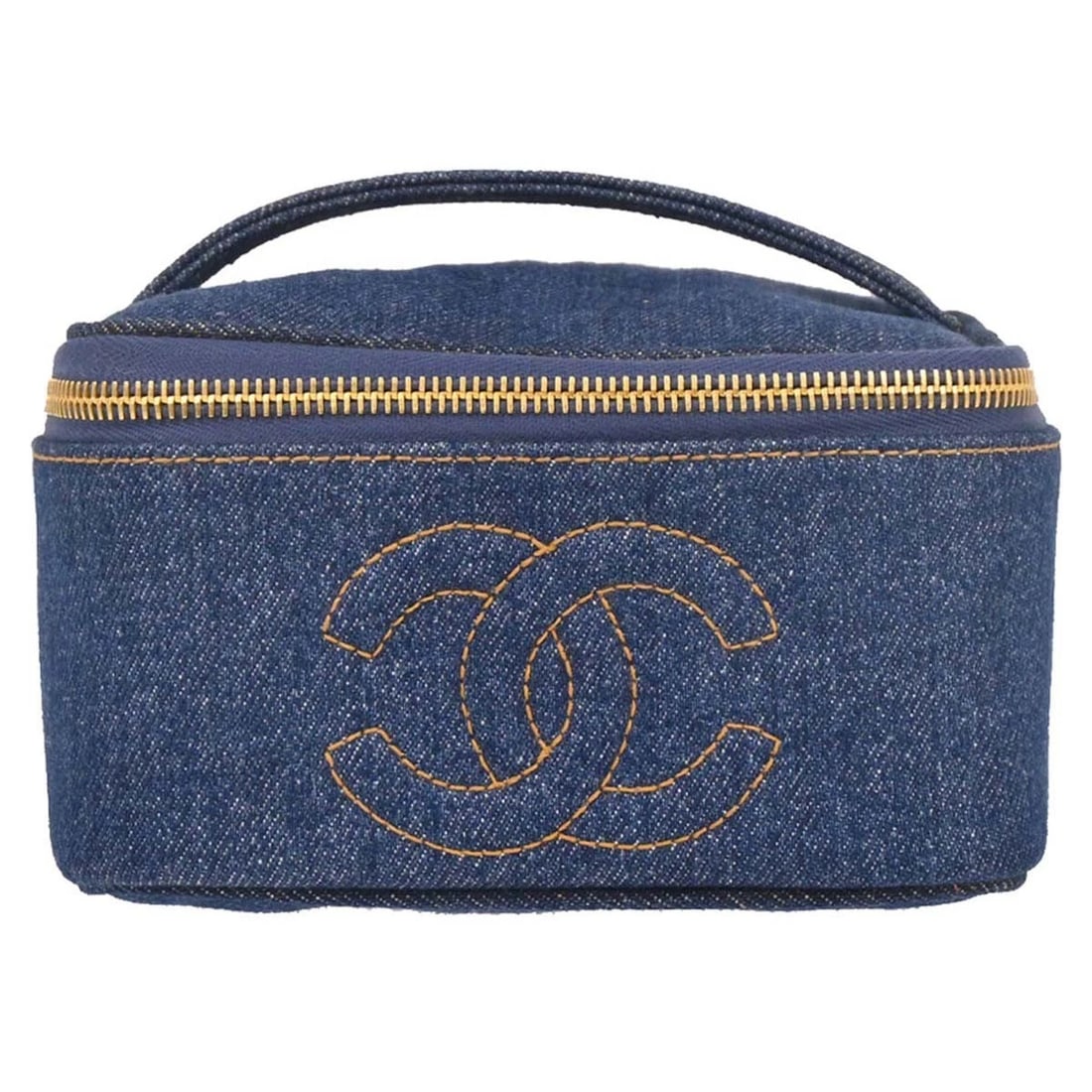 CHANEL BLUE DENIM VANITY HANDBAG: Chanel Blue Denim Vanity Handbag Brand: CHANEL Type/Style: CHANEL Vanity Material: Denim Color: Blue Size: W 5.9 x H 3.5 x D 5.5 " Handle Drop. 1.2 " Accessories: None Accessories Notice: