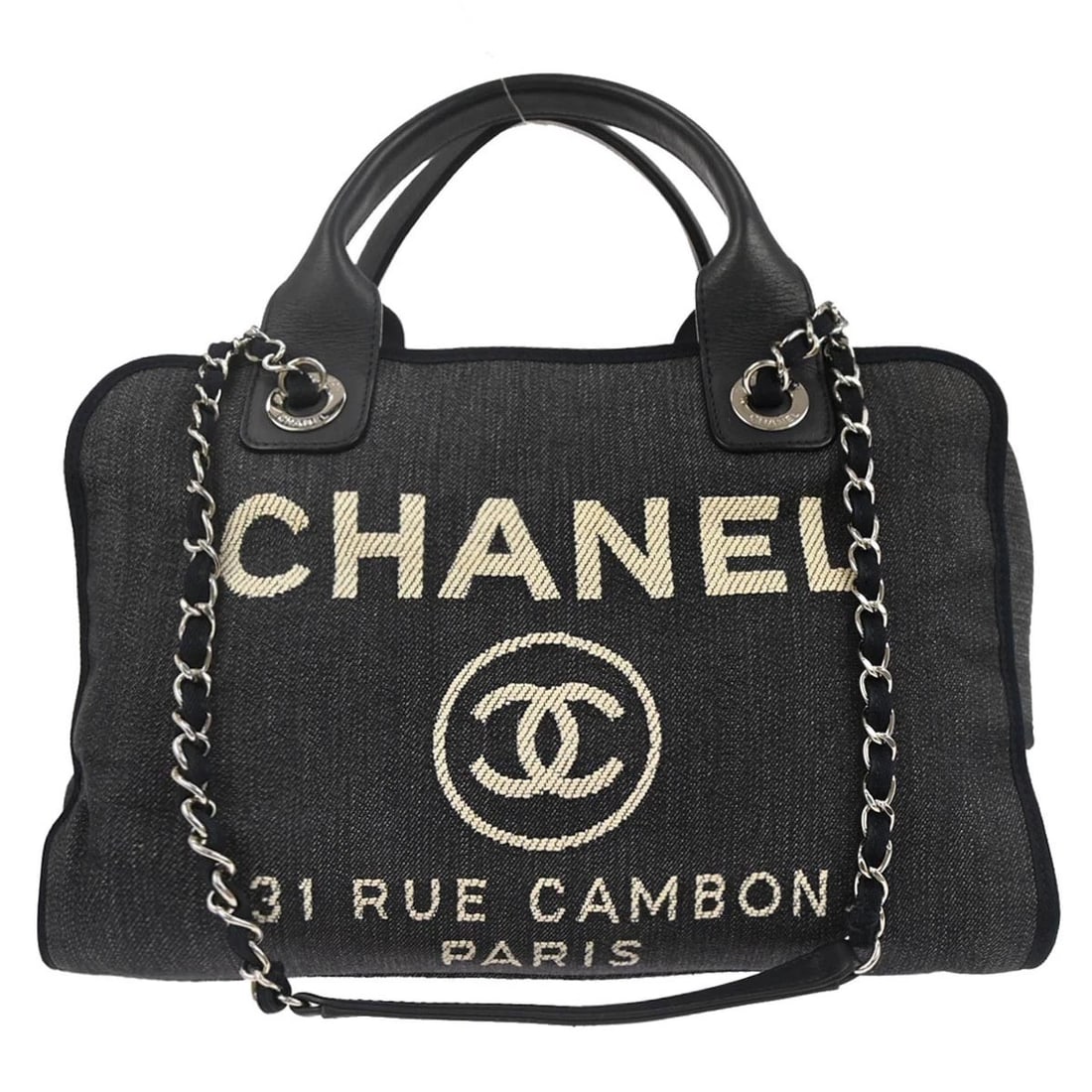 CHANEL NAVY CANVAS DEAUVILLE BOWLING BAG: Chanel Navy Canvas Deauville Bowling Bag Brand: CHANEL Type/Style: Top Handle Bag Material: Canvas, Leather Color: Navy Size: W 12.6 x H 8.7 x D 5.1 " Handle Drop. 3.5 " Strap Drop. 15.4 " Access