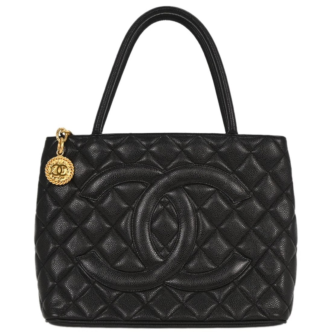 CHANEL BLACK CALFSKIN MEDALLION TOTE HANDBAG: Chanel Black Calfskin Medallion Tote Handbag Brand: CHANEL Type/Style: Tote Material: Caviar Skin Leather Color: Black Size: W 11.8 x H 9.4 x D 5.9 " Handle Drop. 6.7 " Accessories: None A