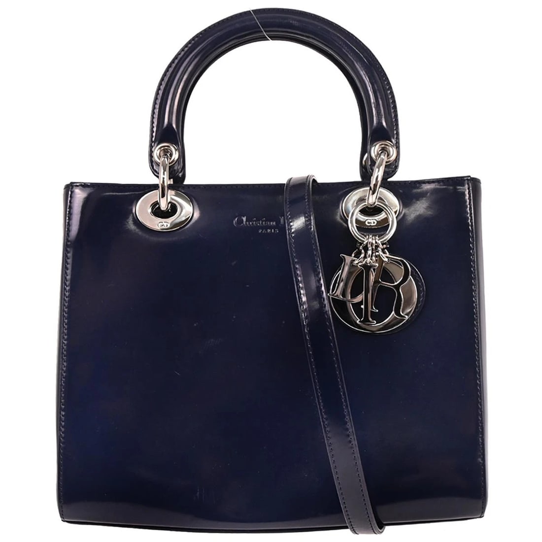 CHRISTIAN DIOR NAVY PATENT LEATHER LADY DIOR 2WAY HANDBAG: Christian Dior Navy Patent Leather Lady Dior 2way Handbag Brand: Dior Type/Style: Satchel/Top Handle Bag Material: Patent Leather Color: Navy Size: W 9.8 x H 7.9 x D 4.7 " Handle Drop. 3.5 " Strap
