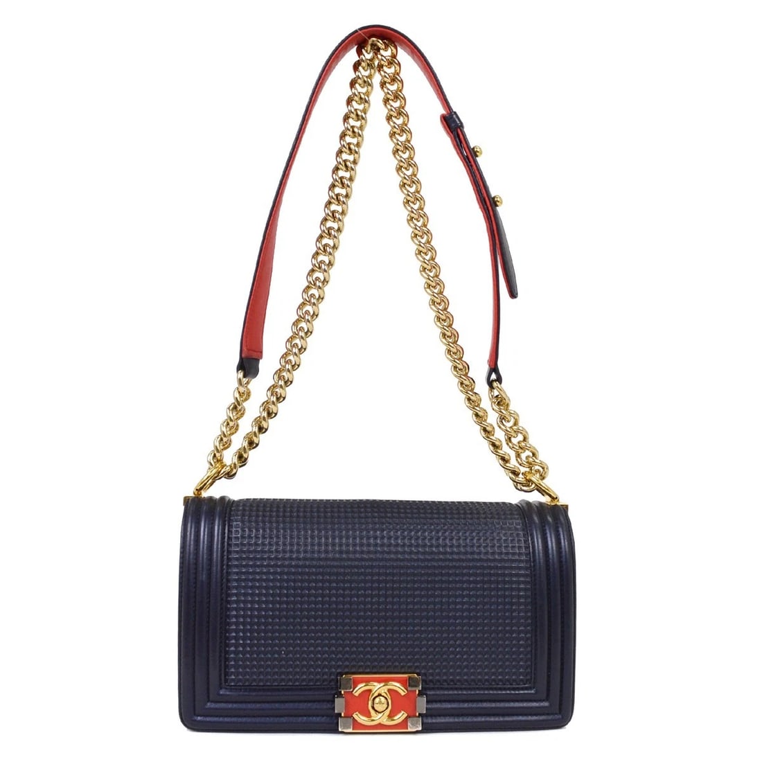 BOY CHANEL NAVY CUBE EMBOSSED LAMBSKIN MEDIUM SHOULDER BAG: Boy Chanel Navy Cube Embossed Lambskin Medium Shoulder Bag Brand: CHANEL Type/Style: Shoulder Bag Material: Lambskin Color: Navy, Red Size: W 9.8 x H 5.9 x D 3.1 " Strap Drop.(Single) 20.5 " Strap