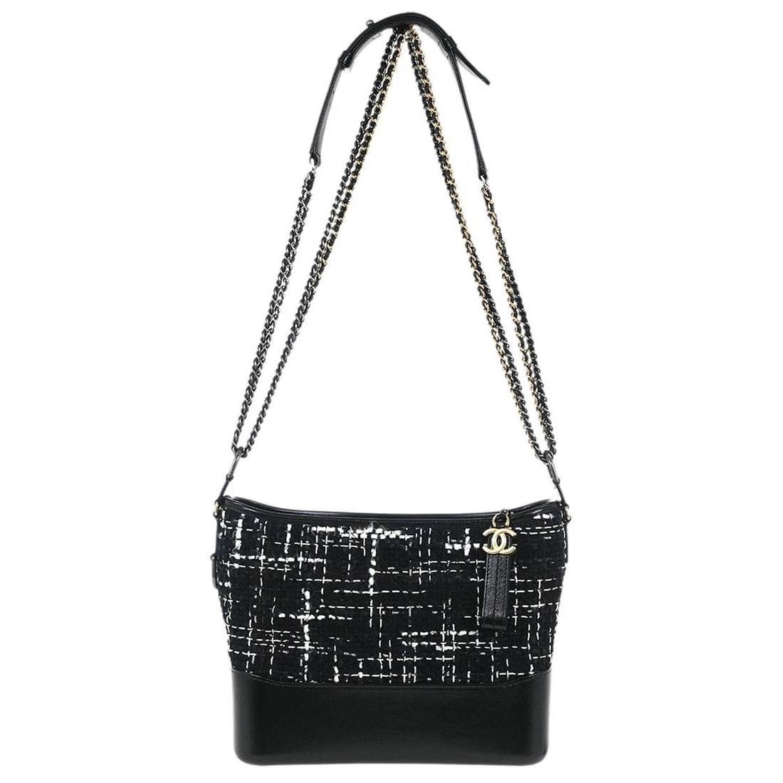 CHANEL BLACK TWEED CALFSKIN LARGE GABRIELLE SHOULDER BAG: Chanel Black Tweed Calfskin Large Gabrielle Shoulder Bag Brand: CHANEL Type/Style: Shoulder Bag Material: Tweed, Calfskin Color: Black Size: W 10.6 x H 9.1 x D 3.9 " Strap Drop. 16.5 " Accessorie