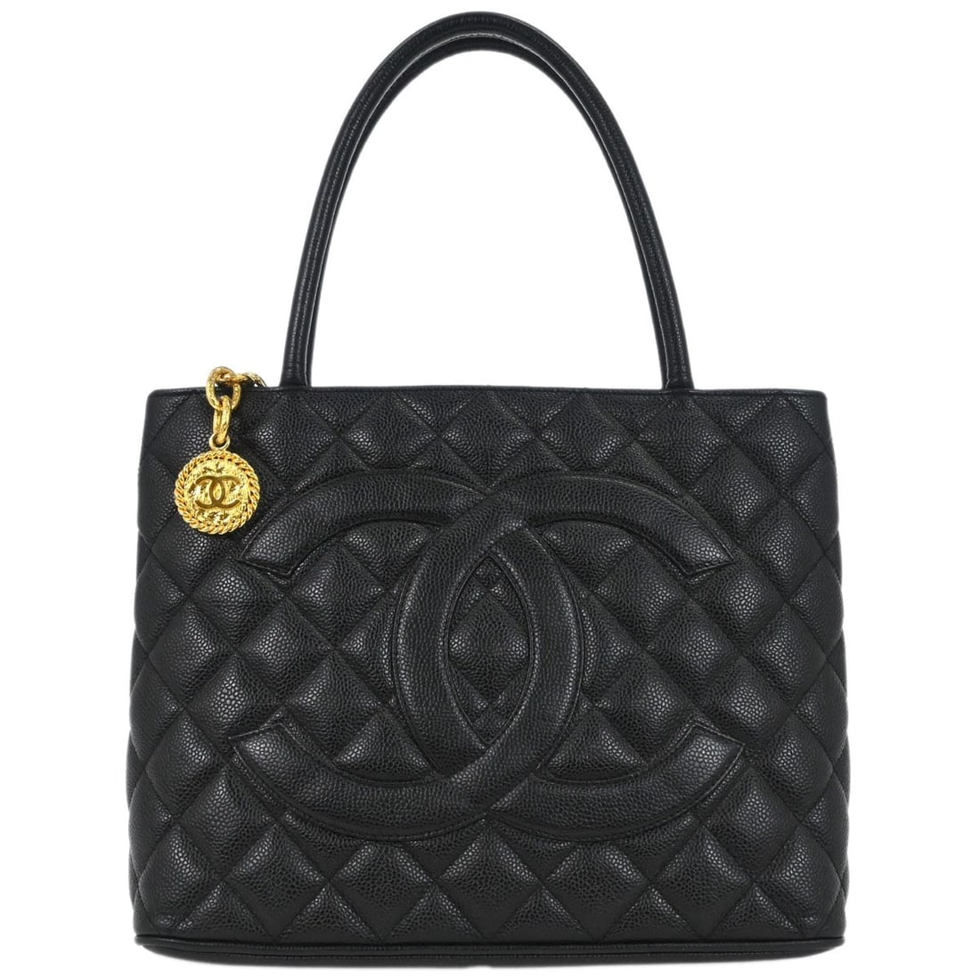 CHANEL BLACK CALFSKIN MEDALLION TOTE HANDBAG: Chanel Black Calfskin Medallion Tote Handbag Brand: CHANEL Type/Style: Tote Material: Caviar Skin Leather Color: Black Size: W 11.8 x H 9.4 x D 5.9 " Handle Drop. 6.7 " Accessories: None A