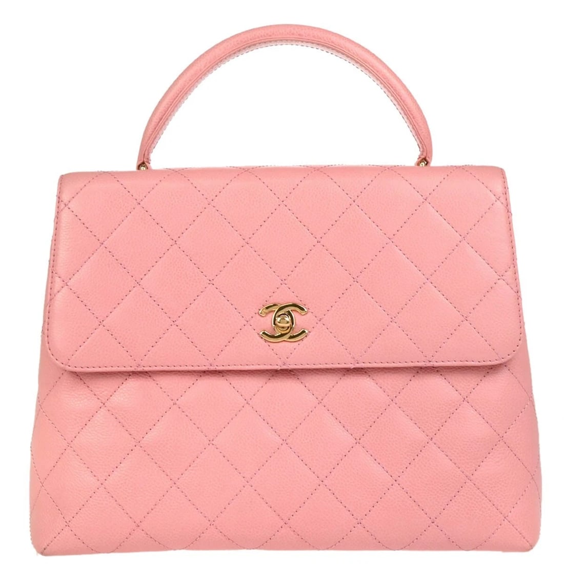 CHANEL PINK CALFSKIN MEDIUM TOP HANDLE HANDBAG: Chanel Pink Calfskin Medium Top Handle Handbag Brand: CHANEL Type/Style: Satchel/Top Handle Bag Material: Caviar Skin Leather Color: Pink Size: W 11.8 x H 9.1 x D 4.3 " Handle Drop. 3.1 " Accesso