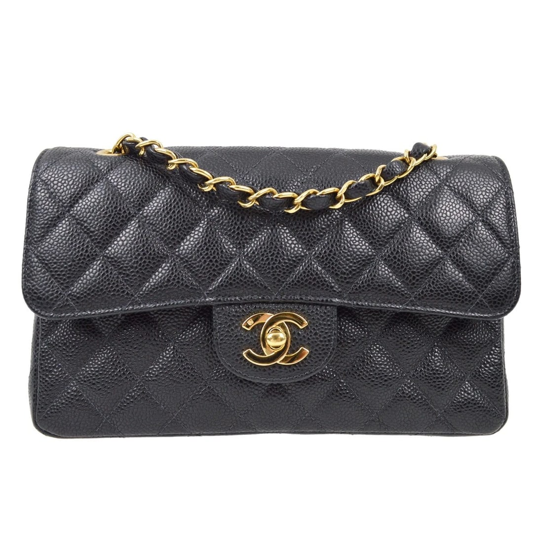 CHANEL BLACK CALFSKIN SMALL CLASSIC DOUBLE FLAP SHOULDER BAG: Chanel Black Calfskin Small Classic Double Flap Shoulder Bag Brand: CHANEL Type/Style: Shoulder Bag Material: Caviar skin Leather Color: Black Size: W 9.1 x H 5.5 x D 2.6 " Strap Drop.(Single) 16.