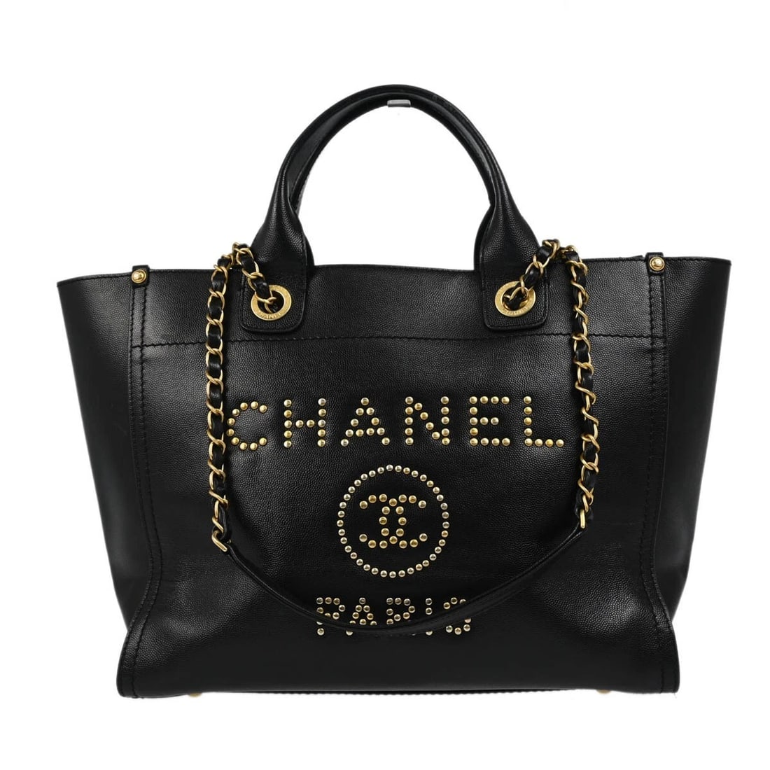CHANEL BLACK CALFSKIN SMALL DEAUVILLE 2WAY TOTE BAG: Chanel Black Calfskin Small Deauville 2way Tote Bag Brand: CHANEL Type/Style: Tote Material: Caviar skin leather Color: Black Size: W 13.0 x H 10.6 x D 6.7 " Handle Drop. 3.5 " Strap Drop. 13.8 "