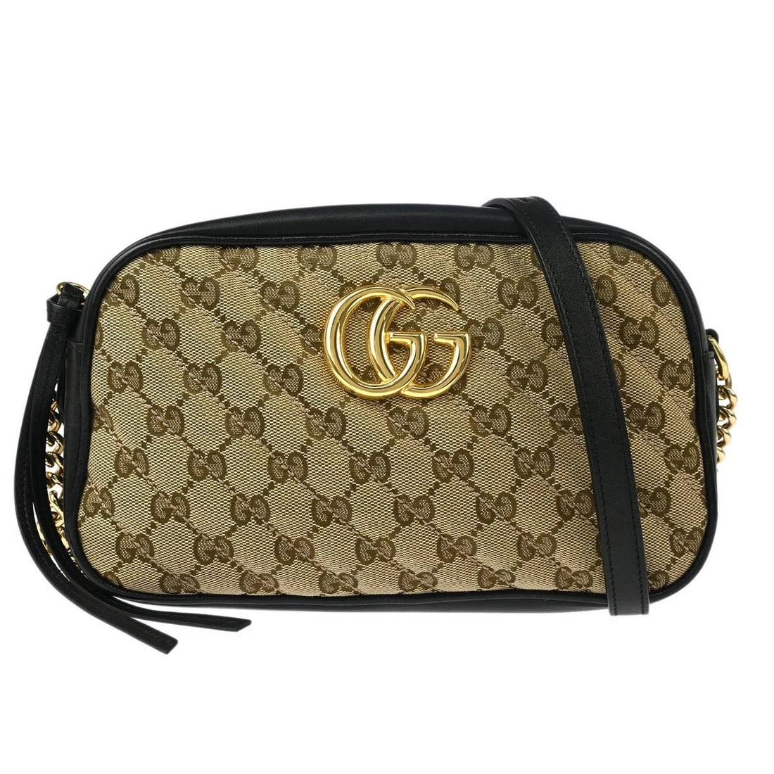 GUCCI BEIGE GG MARMONT SHOULDER CAMERA BAG: Gucci Beige GG Marmont Shoulder Camera Bag Brand: Gucci Type/Style: Shoulder Bag Material: Canvas, Leather Color: Beige, Black Size: W 9.1 x H 5.1 x D 2.4 " Strap Drop. 21.4 - 24.0 " Accessories: