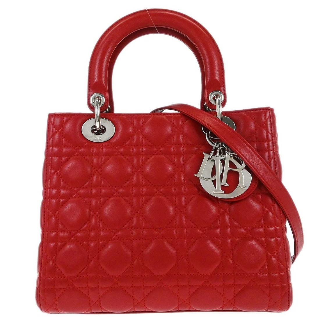 CHRISTIAN DIOR RED LAMBSKIN LADY DIOR CANNAGE 2WAY HANDBAG (1 of 6)