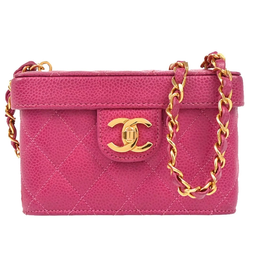CHANEL PINK CALFSKIN VANITY SHOULDER BAG: Chanel Pink Calfskin Vanity Shoulder Bag Brand: CHANEL Type/Style: Shoulder Bag Material: Caviar Skin Leather Color: Pink Size: W 5.5 x H 3.5 x D 2.4 " Strap Drop. 22.4 " Accessories: None