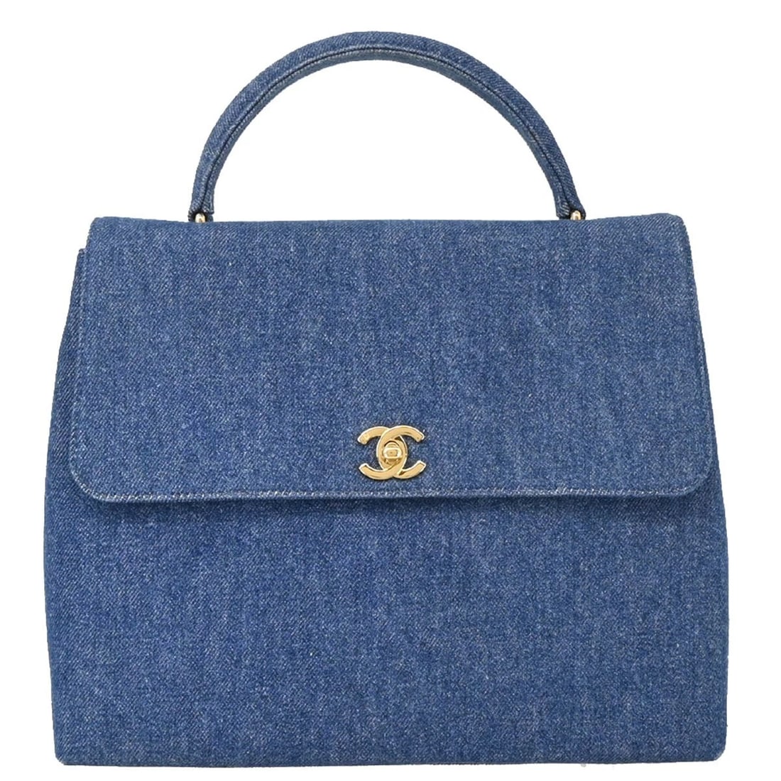 CHANEL BLUE DENIM TOP HANDLE HANDBAG: Chanel Blue Denim Top Handle Handbag Brand: CHANEL Type/Style: Top Handle Bag Material: Denim Color: Blue Size: W 11.8 x H 9.4 x D 4.3 " Handle Drop. 3.1 " Accessories: None Accessories No