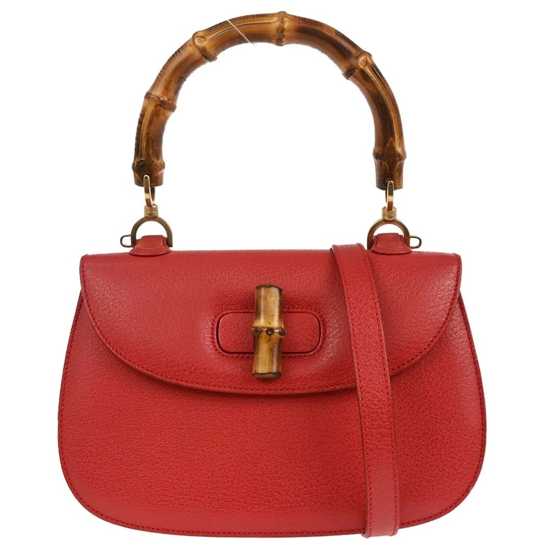 GUCCI RED PIGSKIN BAMBOO 2WAY HANDBAG: Gucci Red Pigskin Bamboo 2way Handbag Brand: Gucci Type/Style: Top Handle Bag Material: Pigskin, Bamboo Color: Red Size: W 9.8 x H 6.7 x D 2.8 " Handle Drop. 5.5 " Strap Drop. 20.1 " Accessories: