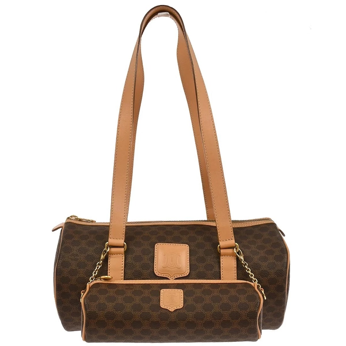 CELINE BROWN MACADAM HANDBAG: Celine Brown Macadam Handbag Brand: CELINE Type/Style: Top Handle Bag Material: PVC, Leather Color: Brown Size: W 11.4 x H 5.5 x D 5.5 " Handle Drop. 11.4 " Accessories: None Accessories N