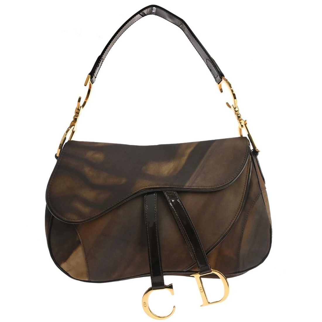 CHRISTIAN DIOR BROWN NYLON DOUBLE SADDLE HANDBAG: Christian Dior Brown Nylon Double Saddle Handbag Brand: Dior Type/Style: Saddle Bag Material: Nylon, Patent Leather Color: Brown Size: W 11.4 x H 7.5 x D 2.4 " Handle Drop. 6.3 " Accessories: Non