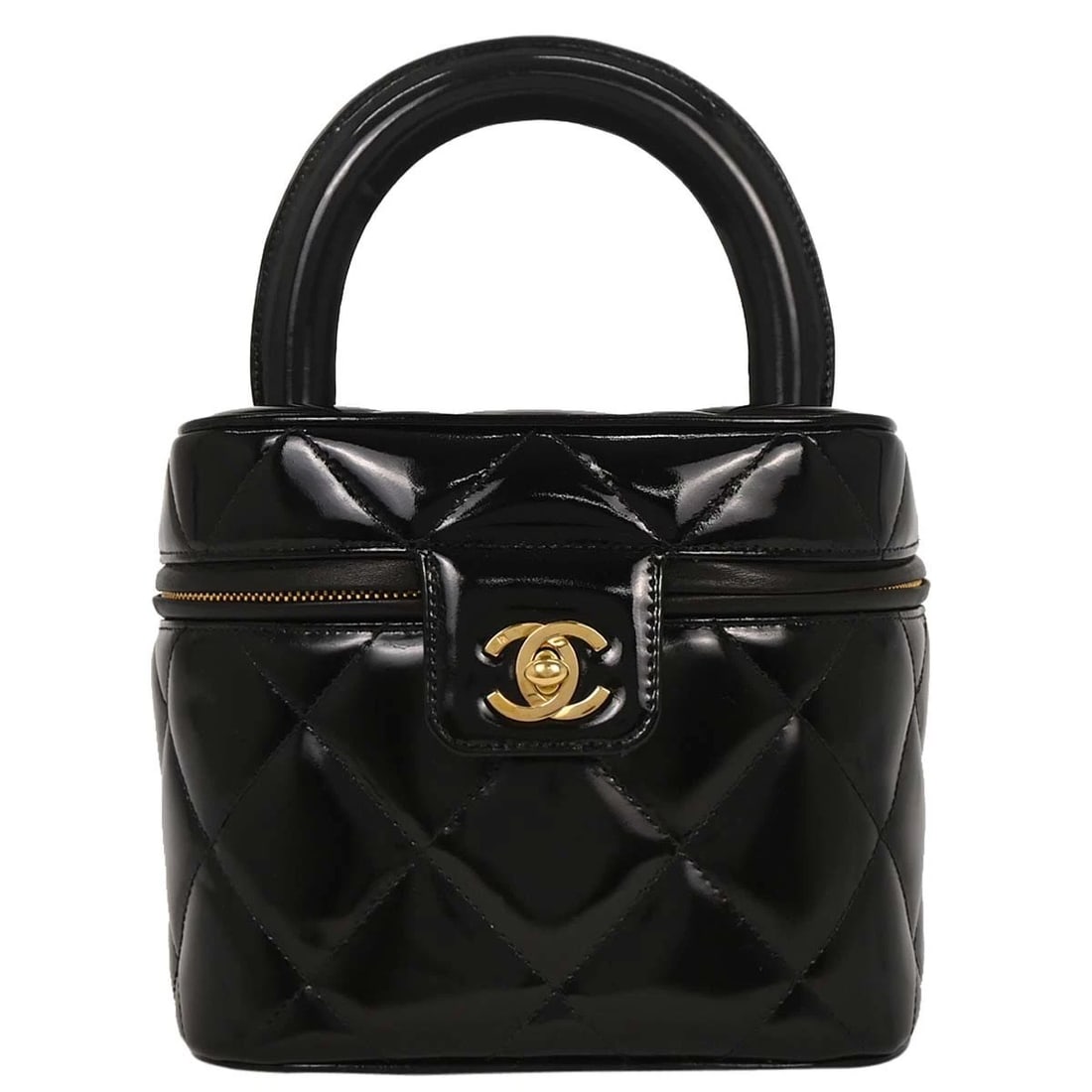 CHANEL BLACK PATENT LEATHER VANITY HANDBAG: Chanel Black Patent Leather Vanity Handbag Brand: CHANEL Type/Style: CHANEL Vanity Material: Patent Leather Color: Black Size: W 6.3 x H 5.5 x D 6.3 " Handle Drop. 2.8 " Accessories: None