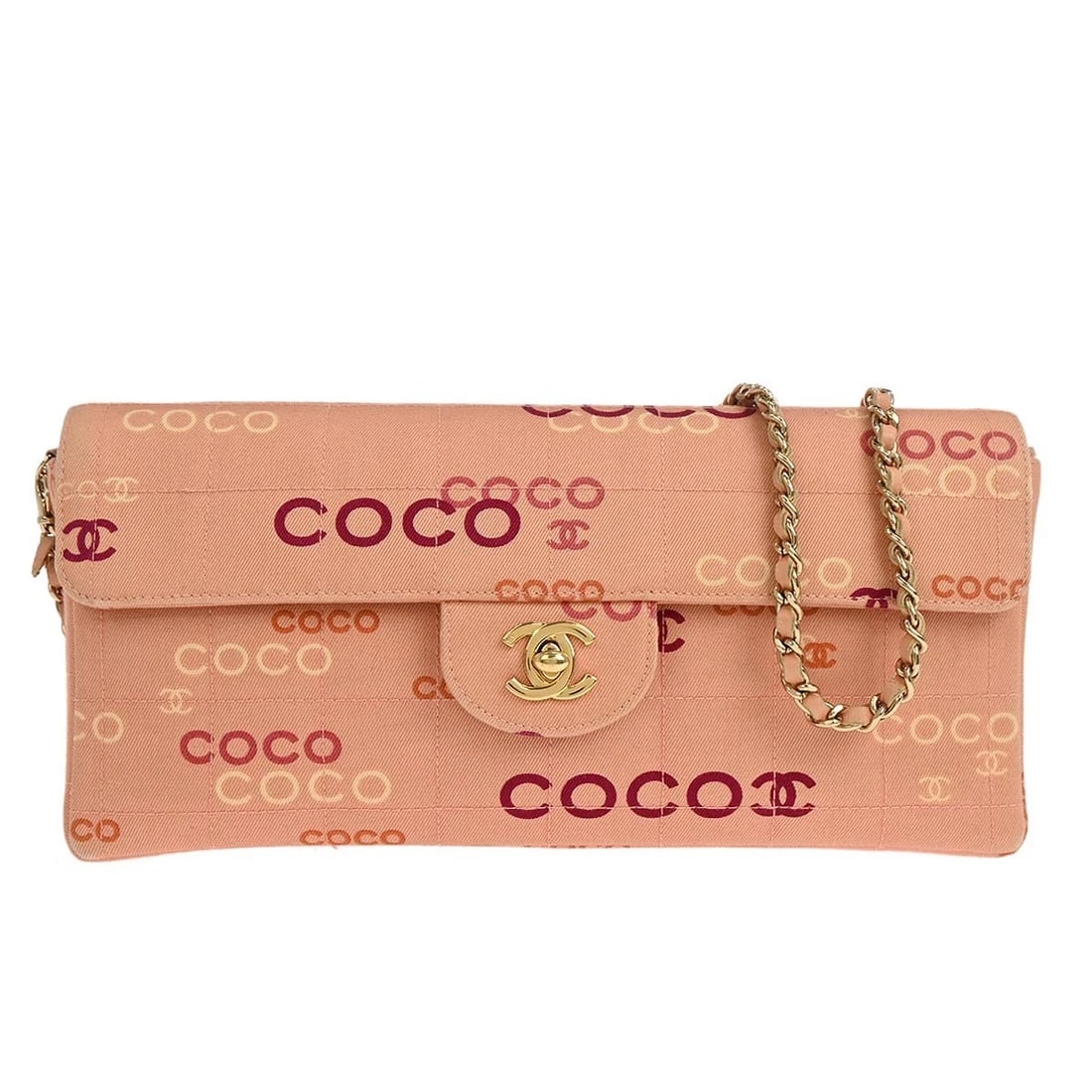 CHANEL PINK CANVAS COCO EAST WEST CHOCO BAR SHOULDER BAG: Chanel Pink Canvas COCO East West Choco Bar Shoulder Bag Brand: CHANEL Type/Style: Shoulder Bag Material: Canvas, Lambskin Color: Pink Size: W 10.2 x H 5.1 x D 1.6 " Strap Drop. 11.8" Accessories