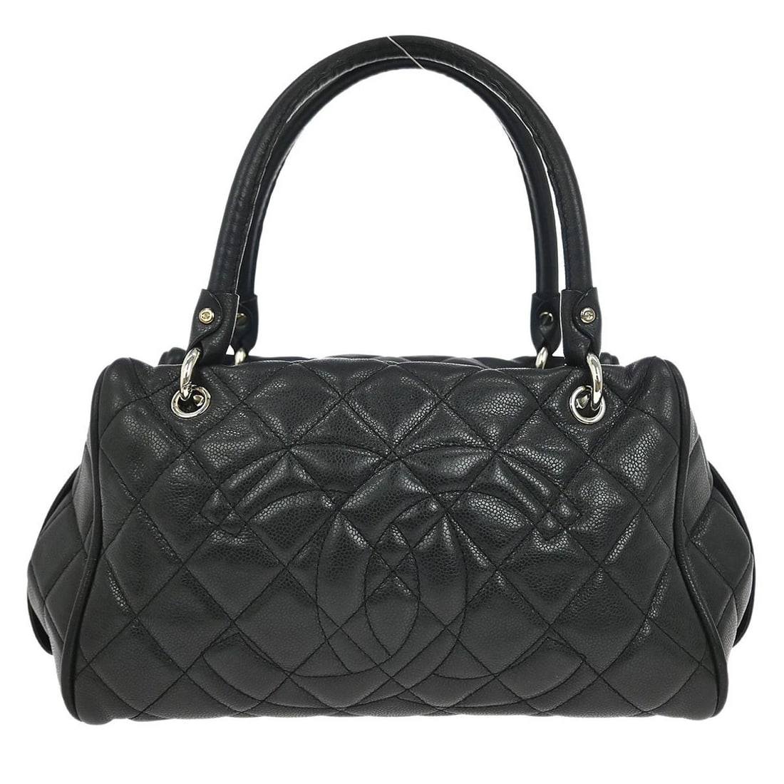 CHANEL BLACK CALFSKIN TIMELESS CC BOWLER BAG: Chanel Black Calfskin Timeless CC Bowler Bag Brand: CHANEL Type/Style: Top Handle Bag Material: Caviar skin leather Color: Black Size: W 14.6 x H 8.3 x D 7.5 " Handle Drop. 6.3 " Accessories: Non