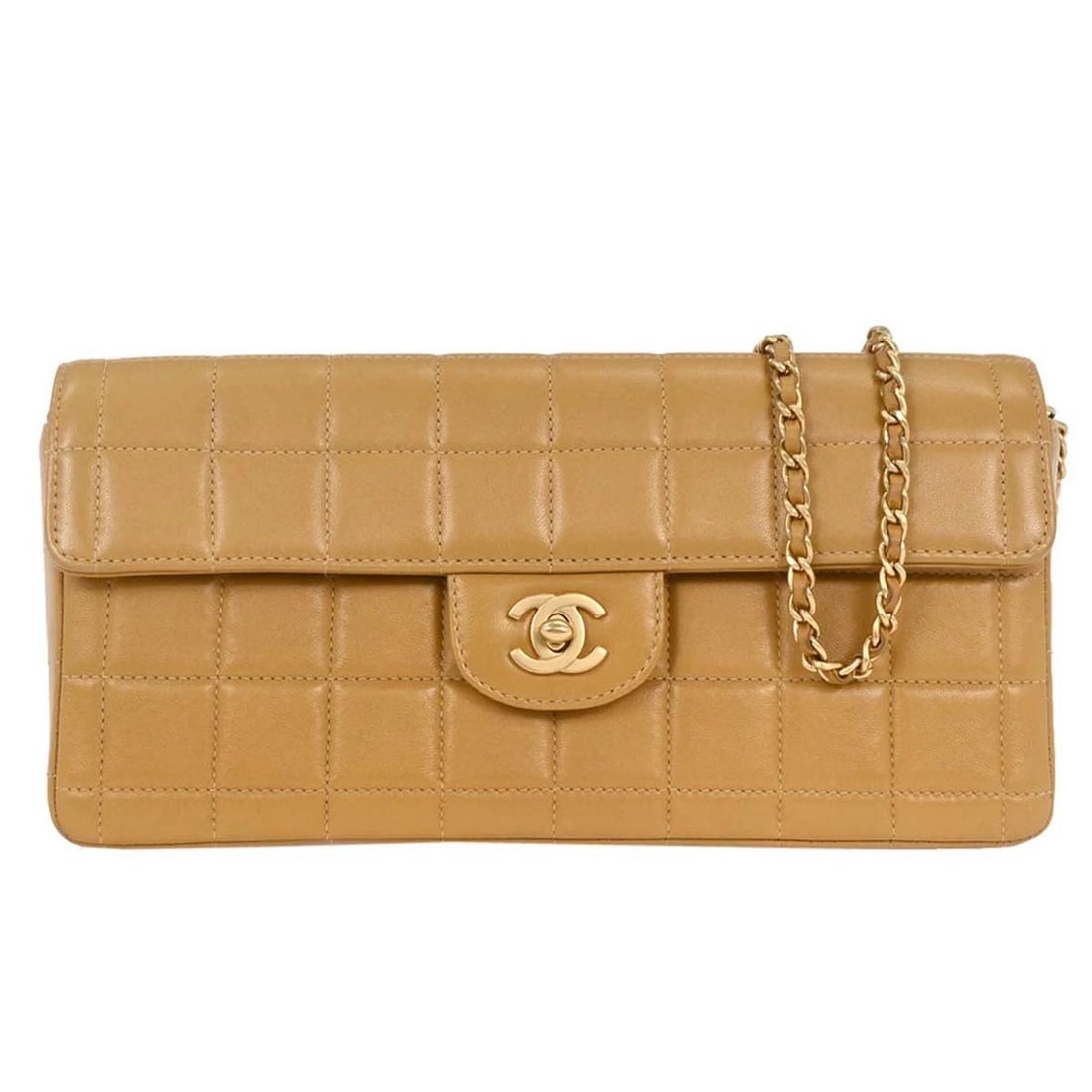 CHANEL BEIGE LAMBSKIN EAST WEST CHOCO BAR SHOULDER BAG: Chanel Beige Lambskin East West Choco Bar Shoulder Bag Brand: CHANEL Type/Style: Shoulder Bag Material: Lambskin Color: Beige Size: W 10.2 x H 5.1 x D 1.6 " Strap Drop. 11.8" Accessories: None