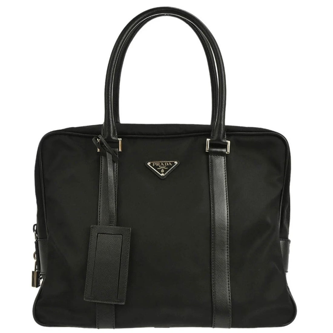 PRADA BLACK NYLON BRIEFCASE HANDBAG: Prada Black Nylon Briefcase Handbag Brand: PRADA Type/Style: Briefcase/Document Case Material: Nylon, Leather Color: Black Size: W 13.8 x H 10.2 x D 3.1 " Handle Drop. 6.3 " Accessories: None